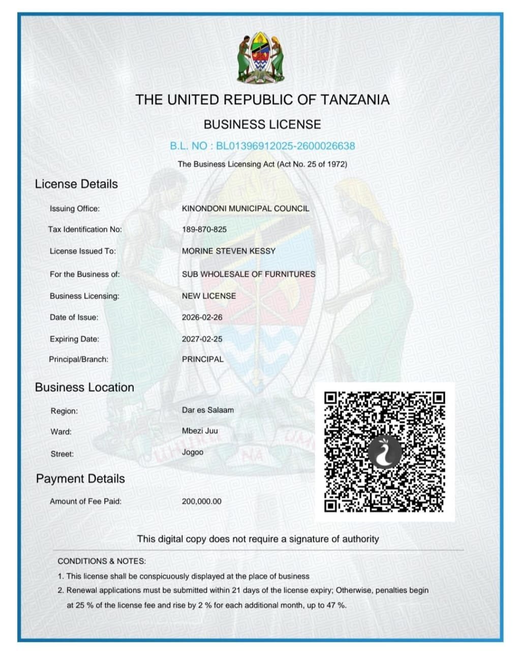 Business Licence issued to Simba Umeme Engineering