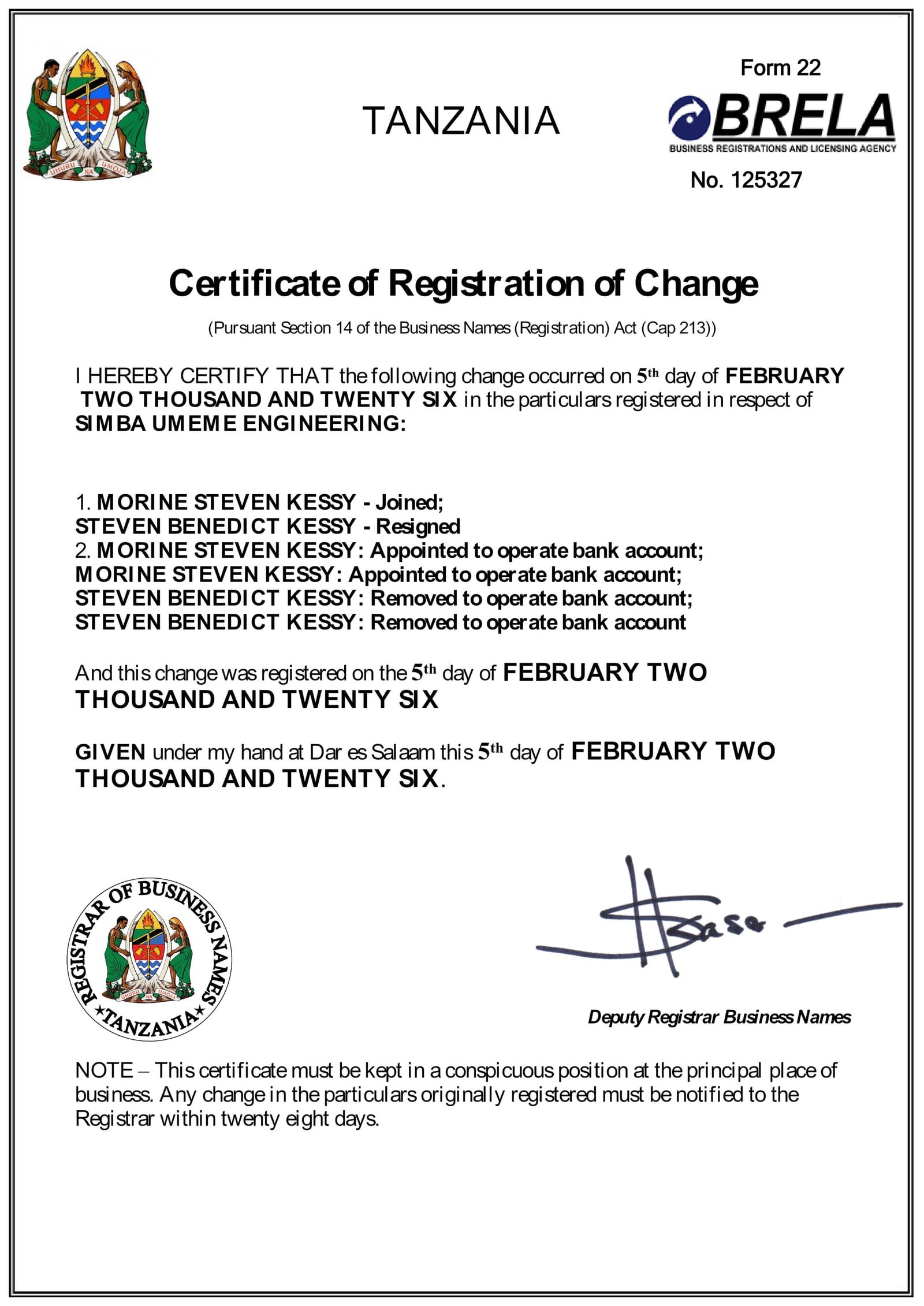 Certificate of Change issued to Simba Umeme Engineering