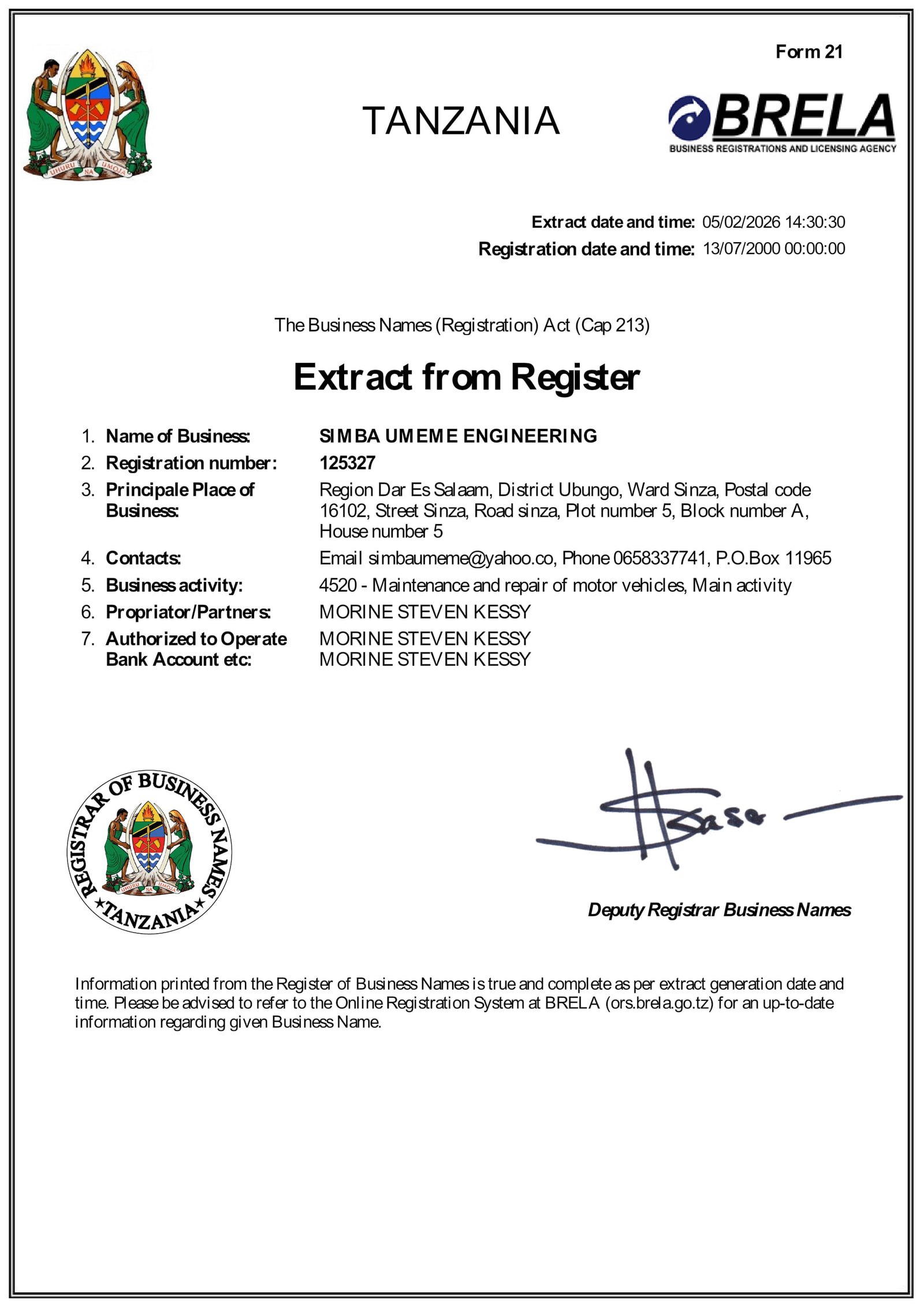 Extract from the Register issued to Simba Umeme Engineering