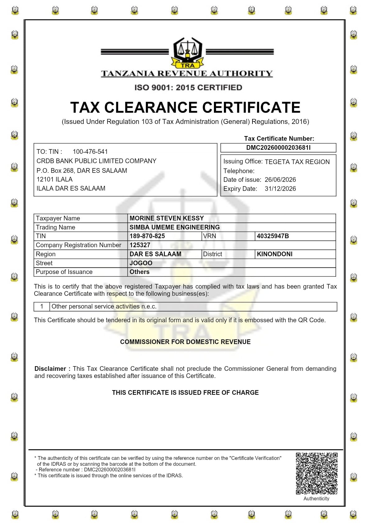Tax Clearance Certificate issued to Simba Umeme Engineering