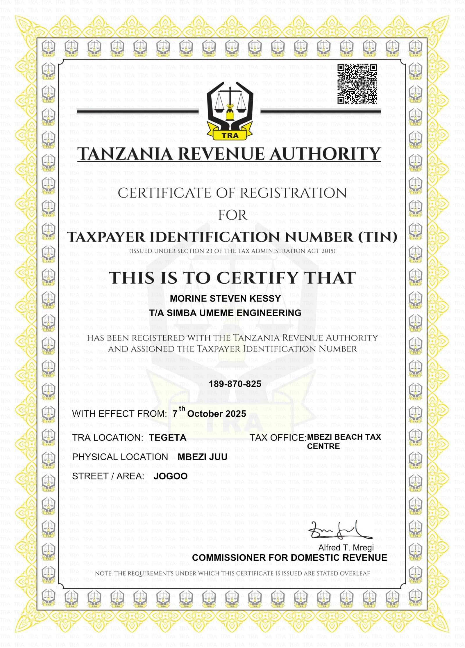 TIN Registration Certificate issued to Simba Umeme Engineering