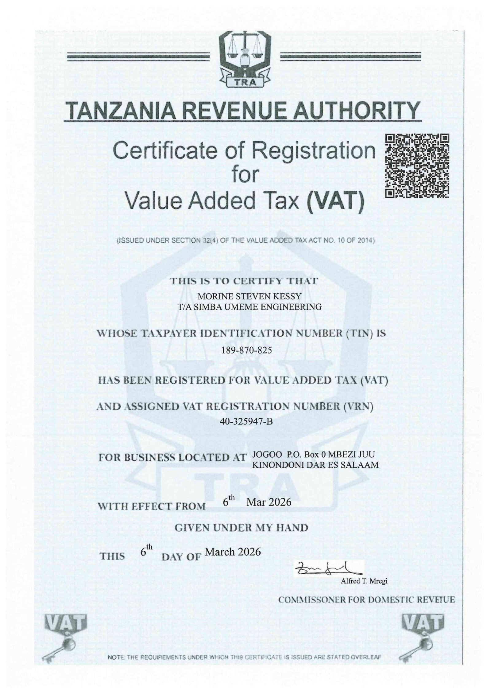 VAT registration certificate issued to Simba Umeme Engineering