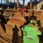 Planing and sawing machinery with stacked hardwood in the Simba Umeme yard