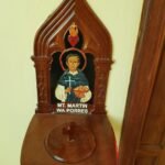 Carved and painted hardwood holy water font of Mt. Martin wa Porres